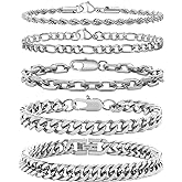 VNOX 5/7 Pcs Chain Bracelet for Men Women - Sturdy Stainless Steel Curb Width Cuban Link Chain Bracelet Set for Men Women,6.5/7/7.4/8.2/9 Inches