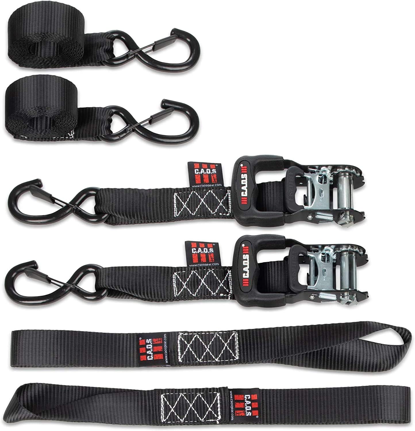 CAOS Gear Motorcycle Ratchet Straps, Pack of 2, Black, to Secure Car, Truck, ATV - Premium, Heavy-Duty Tie Down Straps for Trucks, made with Coated Steel, Chromoly - Durable Soft Loop Tie Down Kit (2): Automotive