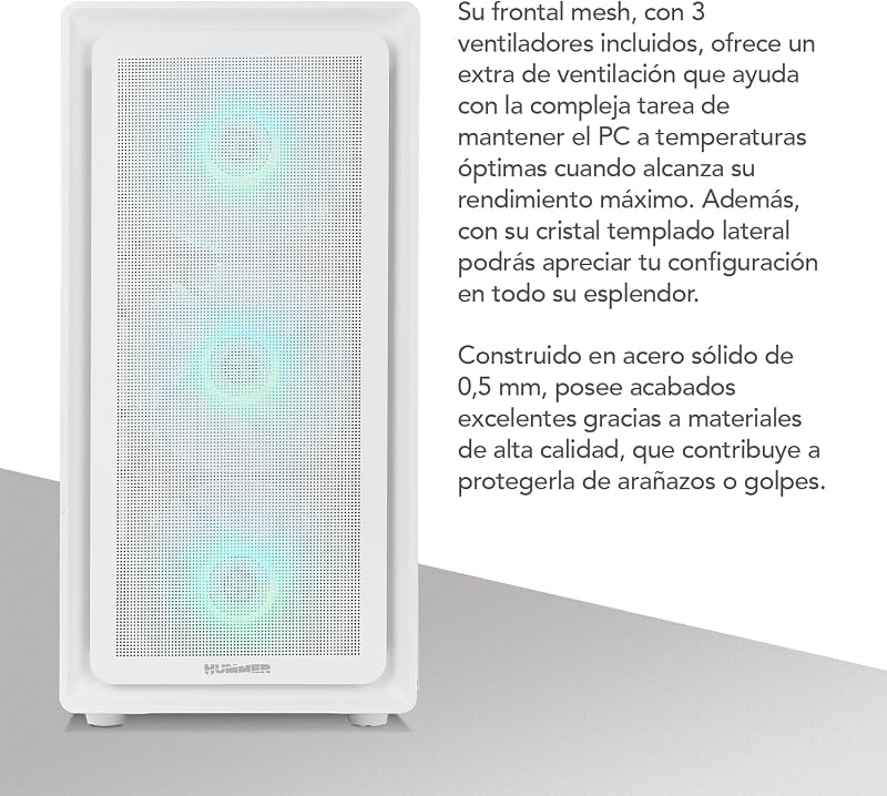 Hummer Aero – ATX Mid-Tower |M-ATX | O ITX inclui 4 ventoinhas ARGB PWM de 140mm, malha frontal, lado de vidro temperado, USB-C e USB 3.0, suporte a GPU de 420mm, filtro magnético, branco