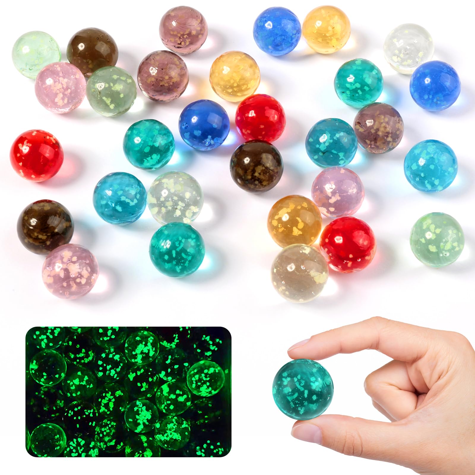 30 PCS Marbles for Kids,Glow In The Dark Glass Marbles,16mm Coloured Marble with Box,Multi-Color Dotted Marbl e for Children's Marbl e Games, DIY Projects, Home Decoration (10 Colours)