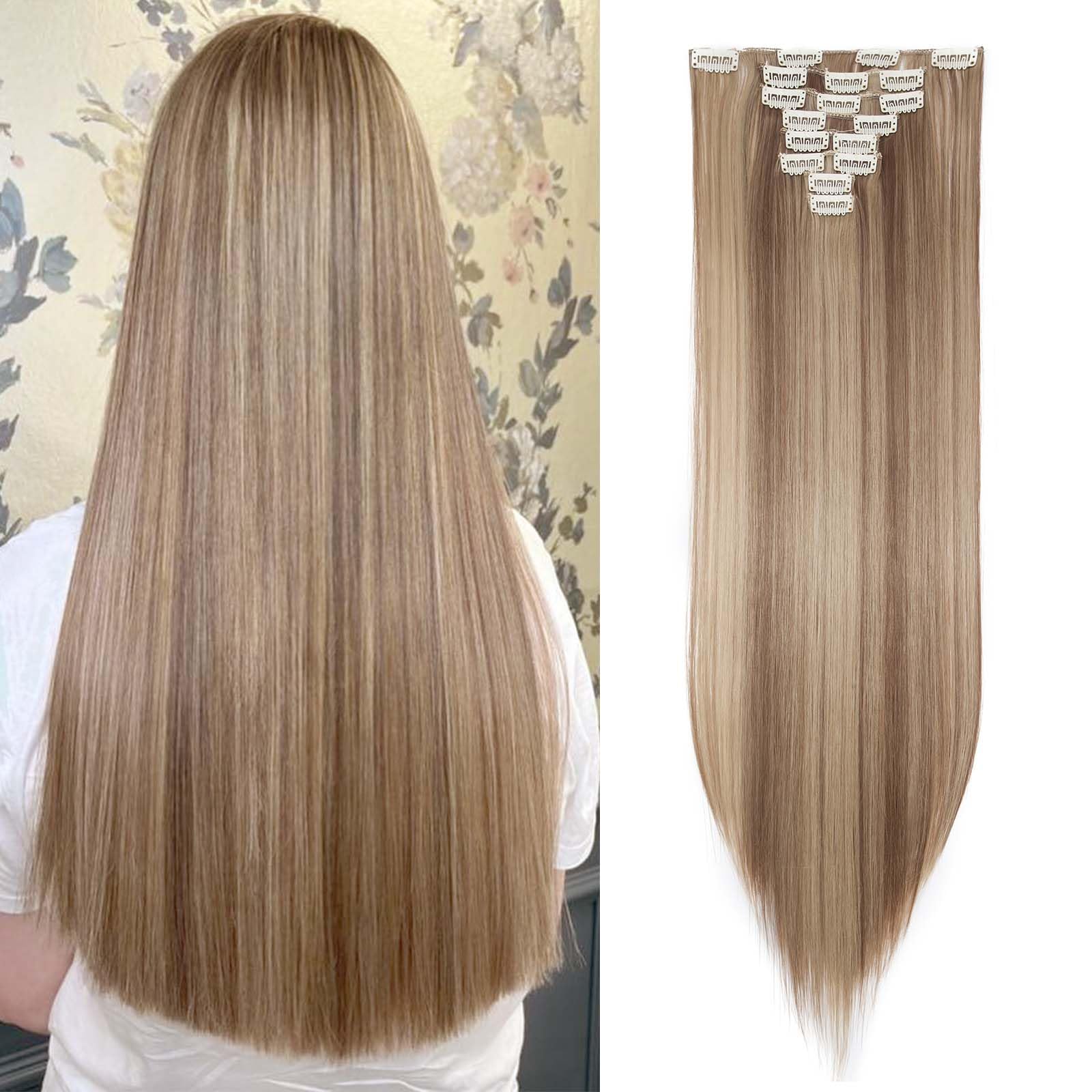 SEGOHAIR Hair Extensions Clip in 8Pcs 18 Clips Synthetic Fiber Seamless 26" Long Straight Full Head - Light Brown mix Ash Blonde — image 1