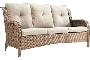 Belord Outdoor Couch Wicker Patio Sofa - 75Inch Rattan Sofa with Hight Backrest Wide Armrest, All Weather Outdoor 3 Seater Seating Wicker Couch for Balcony Proch Deck Backyard Yellow/Beige