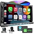 Double Din car Stereo with CD/DVD Player- CarPlay & Android Auto, Car Audio with Bluetooth, 7 Inch HD Touchscreen, Rear Camera, USB/TF/AUX, AM/FM, Subwoofer Radio Receiver