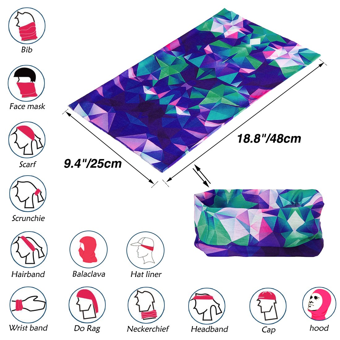 TUONROAD Cool Geometry Magic Headband Scarf Tube Snood Bandana Purple Green Navy Blue Sun Protection Multifunctional Tubular Headwear Neck Gator for Snowboarding Skiing Snowmobile Riding Yard working