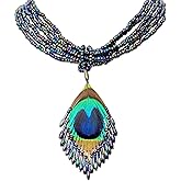 Swimmi Iridescent Peacock Feather Necklace, Hand Beaded Rainbow Color Beads for Women, Handmade Pendant Jewelry FA009