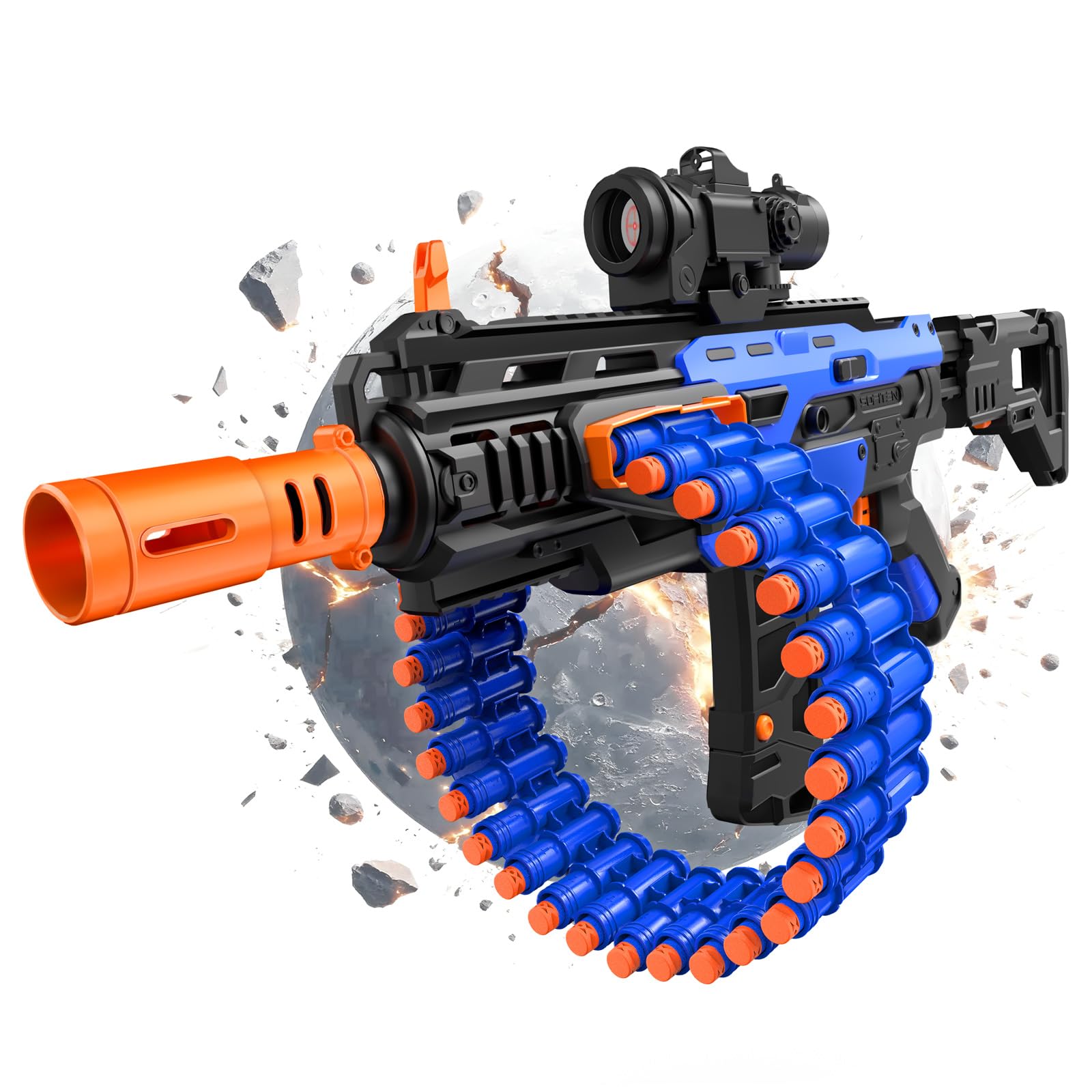 SOFITEN Electric Automatic Toy Gun with Scope Toy Blaster with 30-Dart Rotating Drum and 100 Foam Darts Outdoor Shooting Games Toys Gun Birthday for Teen Boys & Girls Adults