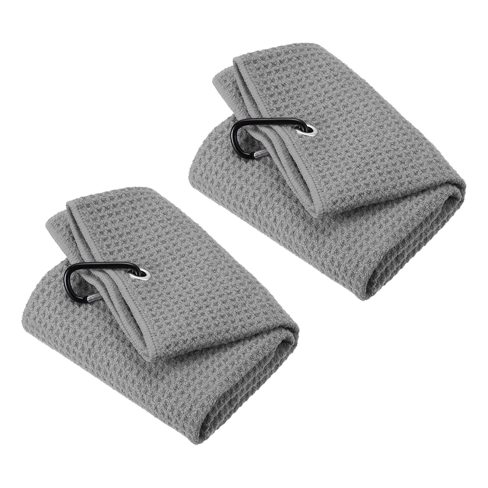 PATIKIL 20"x16" Tri-Fold Golf Towels, 2 Pack Waffle Pattern Towels Soft Fiber Strong Water Absorption with D Clip for Golf Lovers, Grey