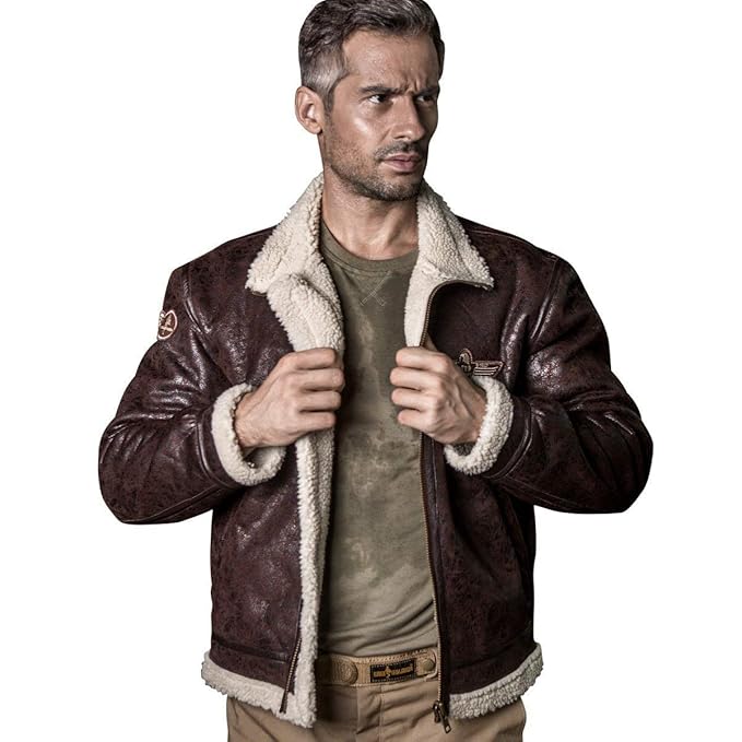 FREE SOLDIER Herren 's Classic Jacket Fleece Jacke Warm Leder Fell Pilot Jacke