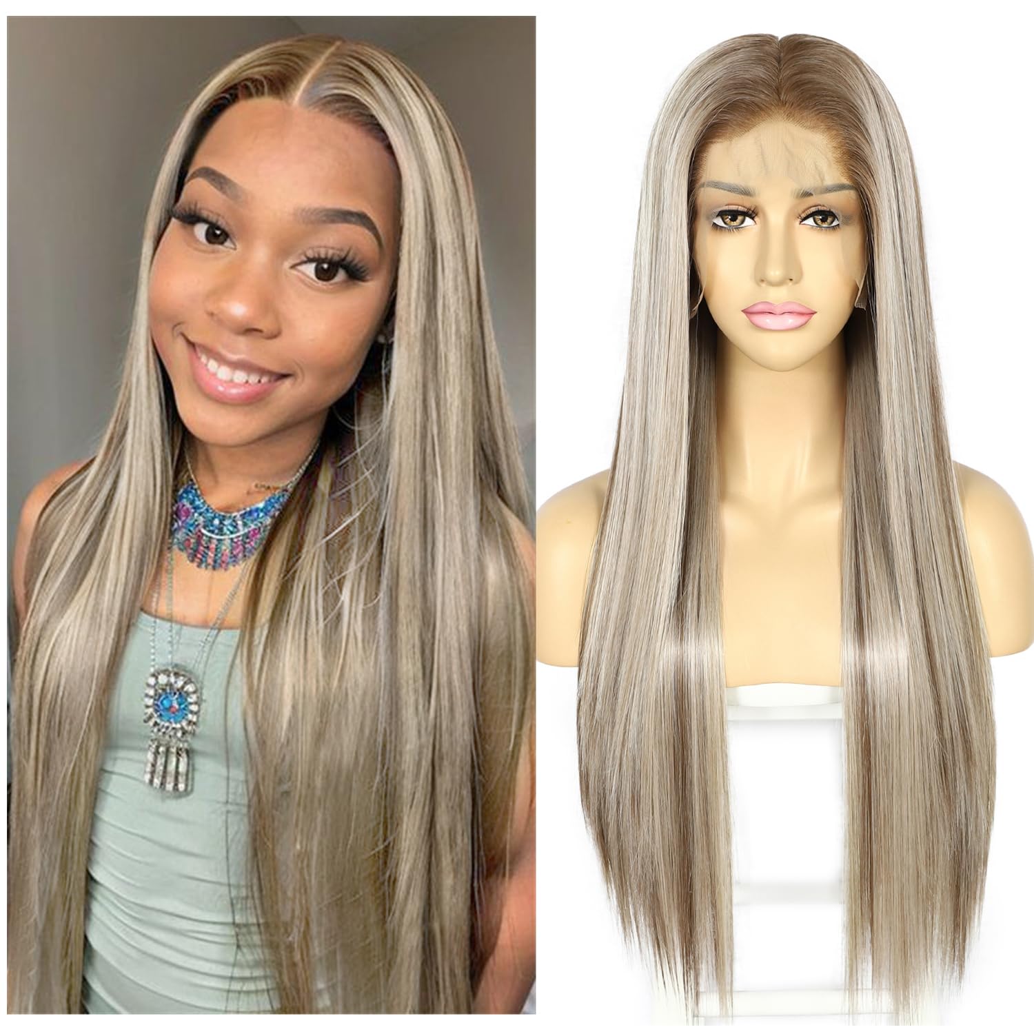 Sapphirewigs Blonde Straight Lace Front Wigs 13x6 Highlight Long Straight Wig for Women Lace Front Synthetic Hair 150% Density Party Daily Wear Heat Resistant 26inch — image 1