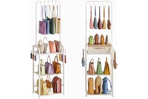 HAYEXIHA Tall Purse Organizer for Closet with 5 Purse Hanger & 6 Side Hooks, 3 Tier Floor-Standing Purse Rack Stand for Purse Storage, Narrow & High-Capacity Handbag Organizer, Backpack Storage for Small Place