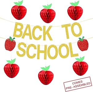 Back To School Banner Gold Glitter -Back to School Party Decorations Supplies -First Day of School Banner | Honeycomb Tissue Paper Apple Hanging Decorations -School Classroom Office Hanging Decor Sign