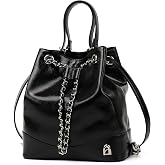 LA FESTIN Leather Back Pack Purse for Women Trendy Bucket Chain Strap Black | Split Leather, Silver Chain, Adjustable Strap, Drawstring Design, Buckle Hardware, for Travel, Gift, Shopping