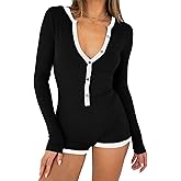INFITTY Rompers for Women Long Sleeve Jumpsuit V Neck Onesie Pajamas Sexy Ribbed Button Down Sleepwear