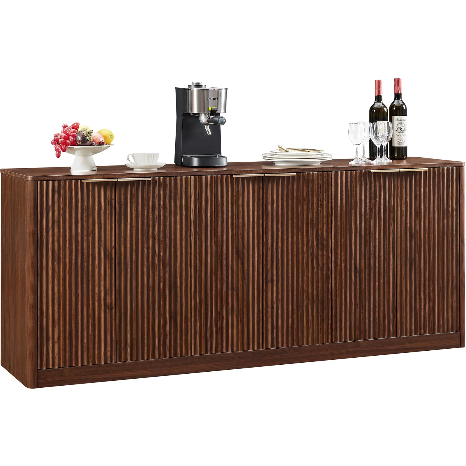 Photo 1 of Lyromix 67" Walnut Fluted Sideboard Buffet Cabinet with Storage, Large Kitchen Buffet with Curvy Edge and Doors, Wood Mid Century Modern Sideboard for Living Room