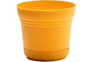 Bloem Saturn 10" Earthy Yellow Round Resin Planter Pot with Snap-in Saucer for Indoor and Outdoor Gardening