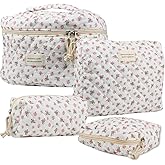 VIWIME Makeup Cosmetic Bag, Large Cotton Quilted Travel Coquette Aesthetic Cute Floral Make up Bag for Women Toiletry Bag Organizer (202- Red Rose / 4Pcs)