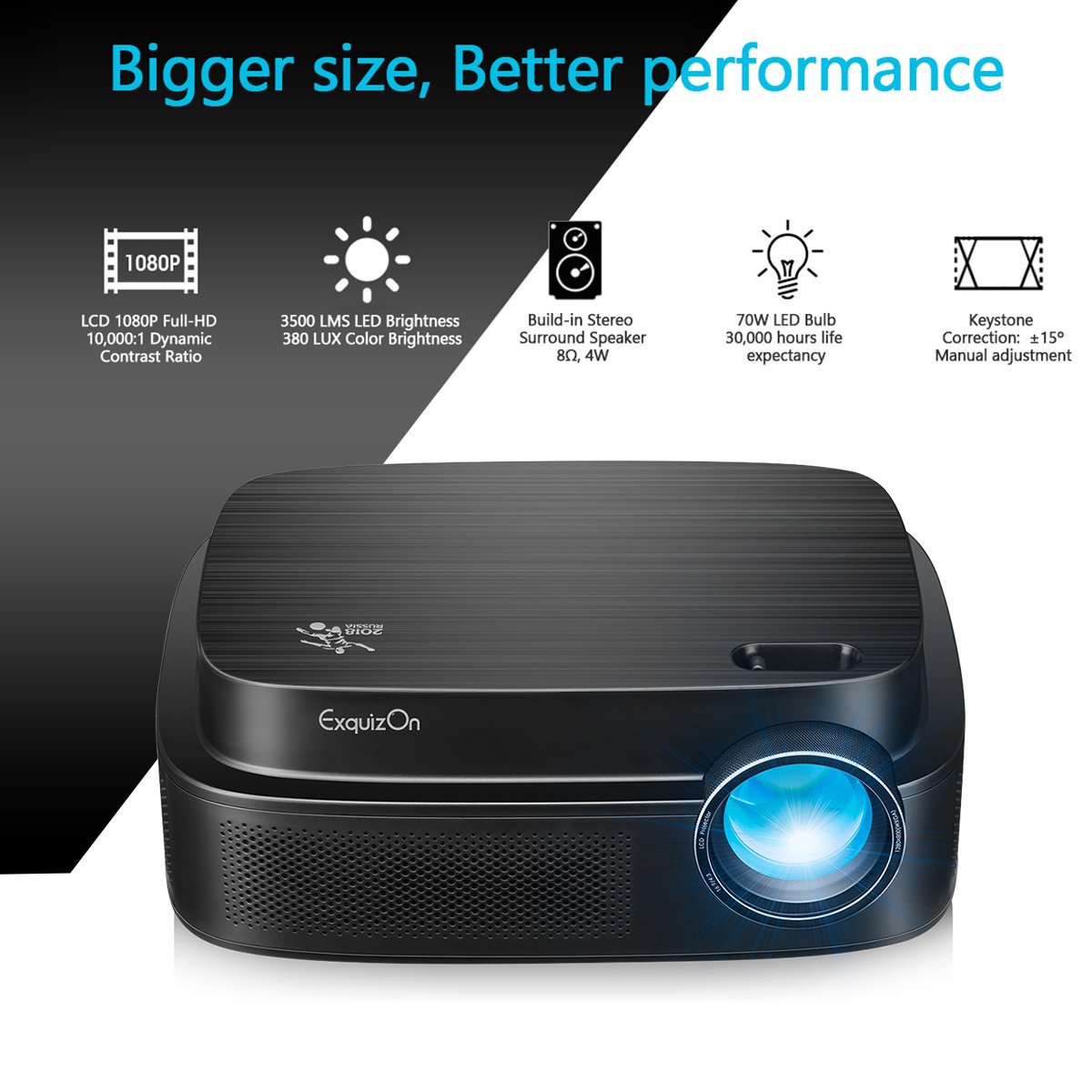 ExquizOn (2018 New Model for Sport Watching) Projector +94% Brighter X3.5 Clearer Utral HD projector 3500 Lumens 1280 x 800 Support 1080P with HDMI USB AV Interfaces for Home Cinema Game Movie (Q7)