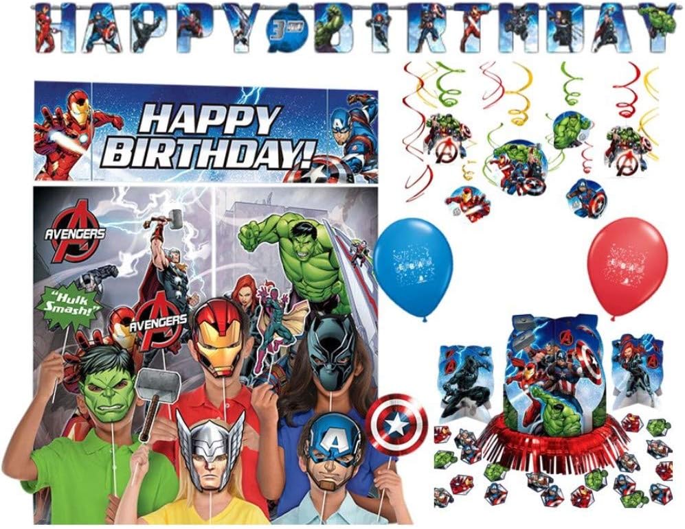 Avengers Party Decorations Supplies with Birthday Banner, Centerpiece, Hanging Swirls, and Photo Backdrop with Props by Amscan
