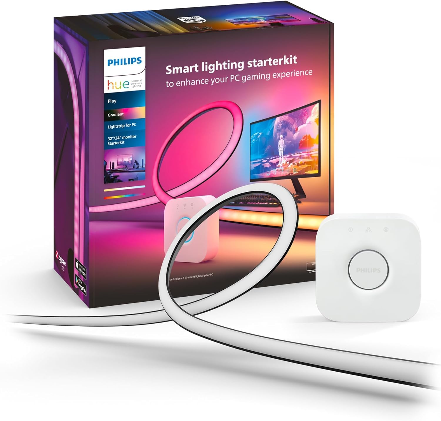 Philips Hue Play Gradient PC Lightstrip Starter Kit Including Hue Bridge [for 32-34 Inch Screens] LED Smart Lighting. Sync for Entertainment, Gaming and Media.