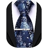 Barry.Wang Paisley/Floral Men Necktie with Tie Clip Silk Tie Formal Wedding Party Business