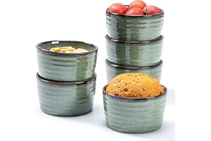 Henten Home Ceramic 8 oz Ramekins, Souffle Ramekins Set of 6, Porcelain Creme Brulee Ramekins for Baking, Ice Cream, Stackable Small Bowls Oven Safe, Reactive Glaze Pudding Cups (Green)