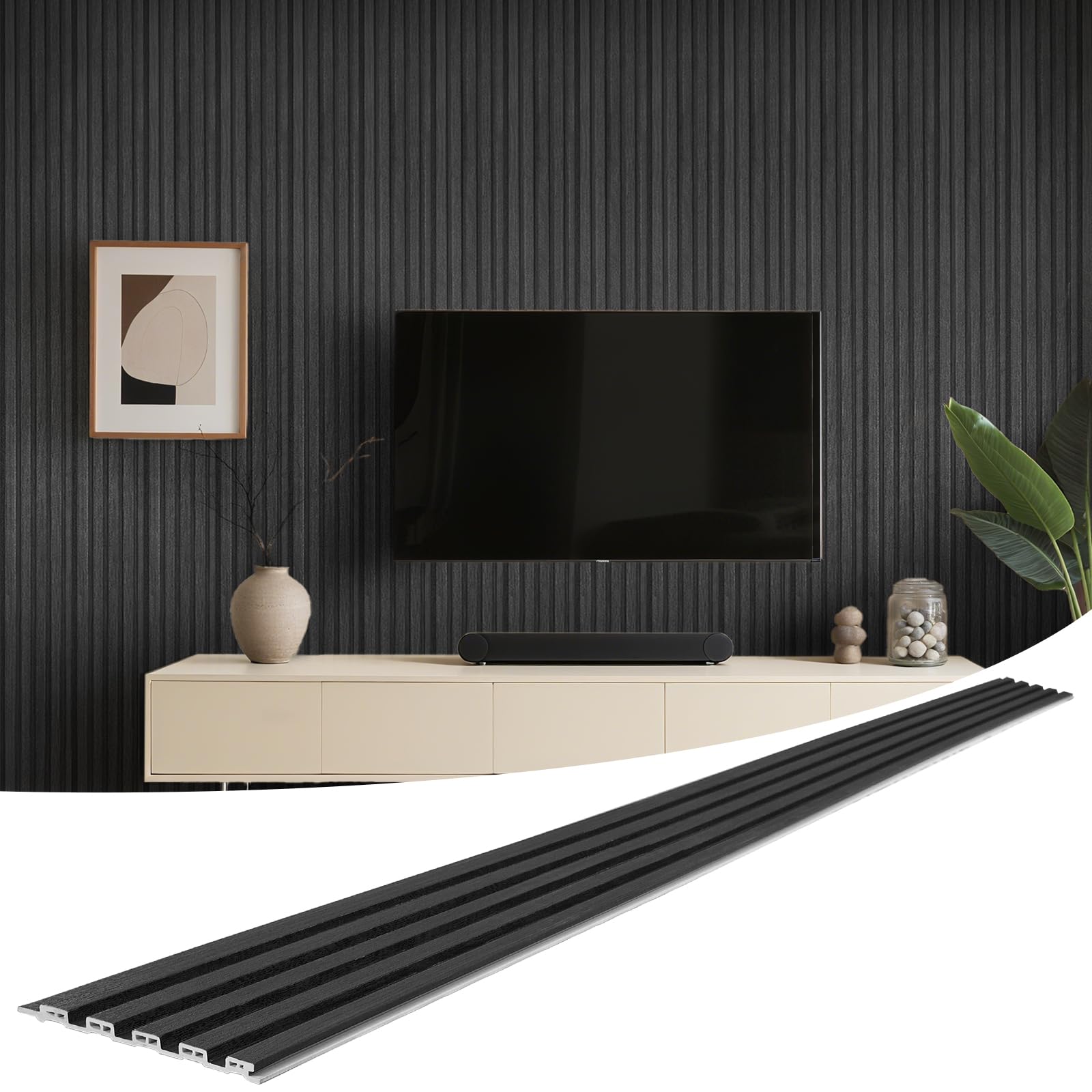 Photo 1 of LARWORKS WPC Slat Wall Panels 8 Pack 96" x 6", Waterproof Fluted Wall Paneling, Accent 3D Wall Panel for Wall Decor, Bathroom, Bedroom, Office - Low Grille Black (Cover Approx.32 sq.ft)