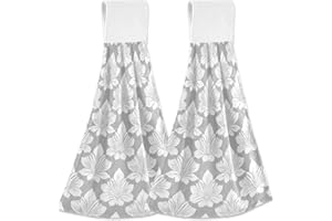 DUSSDIL Grey White Floral Leaves Hanging Kitchen Towel 12 x 17 In Gray Flowers Hand Fingertip Towels Set of 2 Pcs Tie Towels Tea Bar Dish Cloths Dry Towel Soft Absorbent Durable for Laundry Room Decor
