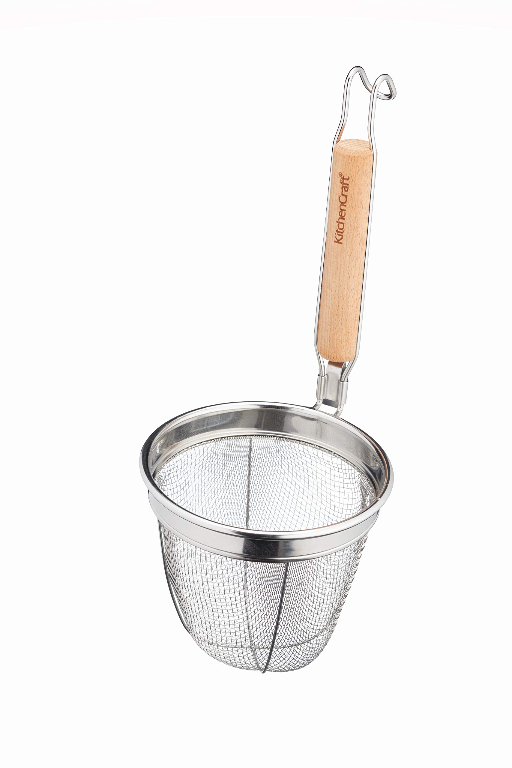 KitchenCraft World of Flavours Noodle Basket Strainer with Handle, Stainless Steel/Eucalyptus, 14 x 16 x 34 cm