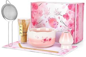 EVIE BAND 7PCS Matcha Whisk Set, Sakura Cherry Bloosm Matcha Kit Christmas Gifts for Women Birthdays Mom Girls Kids and Matcha Tea Lover, with Bamboo Whisk, Holder, Bowl, Scoop, Sifter, Towel, and Elegant box