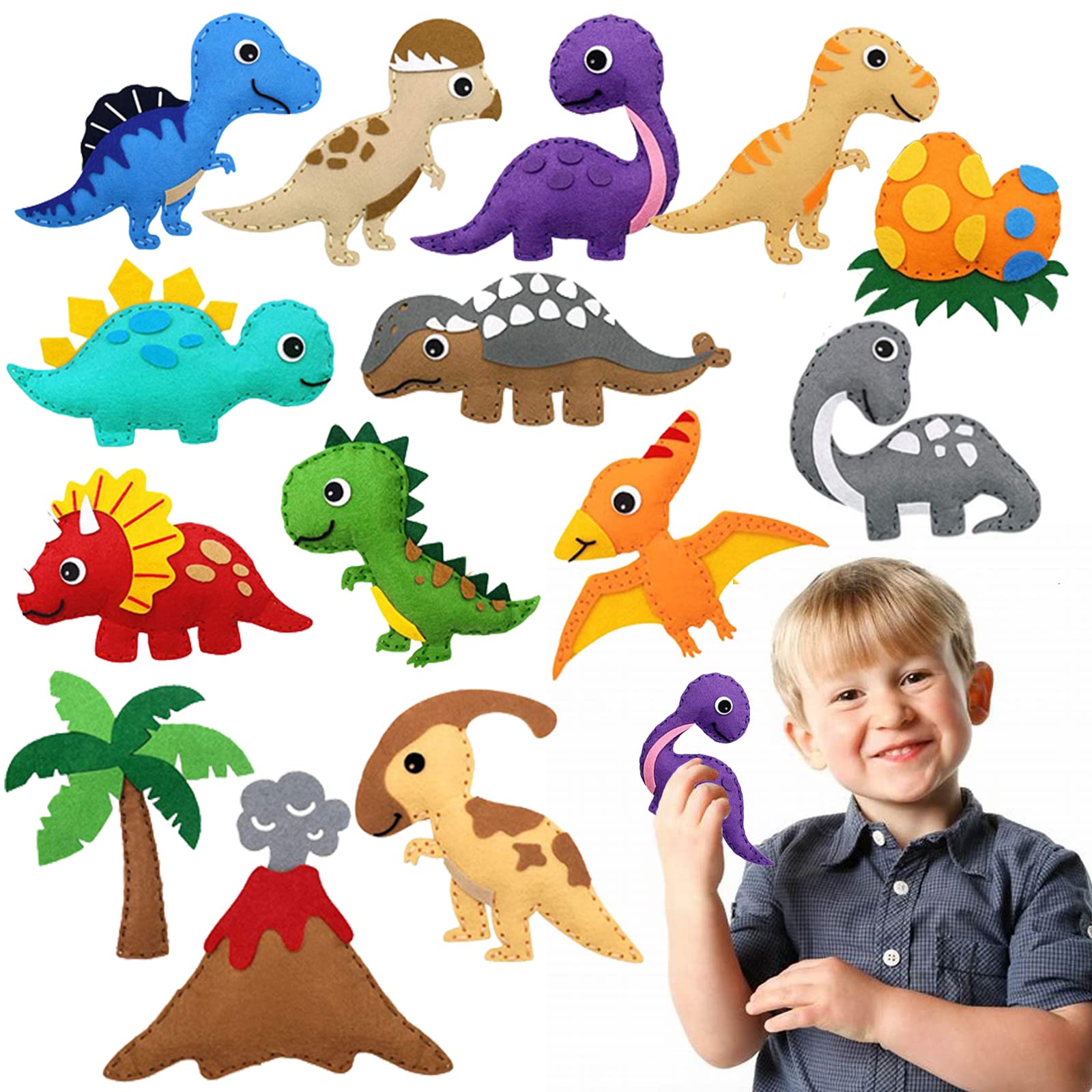 EQLEF Felt Sewing Craft Kits for Children, Dinosaur Felt Animals to Sew Kit First Sewing Kits for Children Educational Sewing DIY Craft Kit for Beginner Boy Girls(14 Pack)