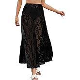 Bsubseach Women Summer Lace Maxi Skirt Elastic Waist Sheer Beach Cover Up Long Skirts