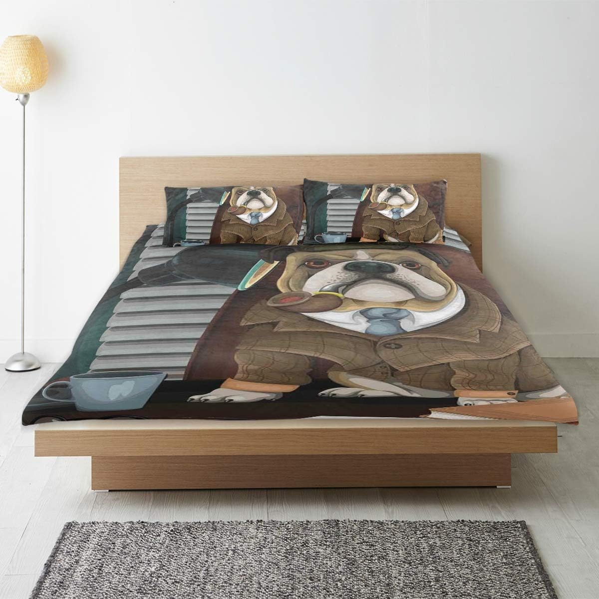 CHANHAAN Duvet Cover Sheet Set,Traditional English Detective Dog with Pipe and Hat Sherlock Holmes Image,Soft Microfiber Bedding Set-3 Piece Set,Queen