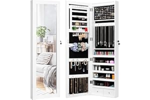 DECOMIL LED Light Jewelry Cabinet Armoire with Mirror, Large Storage 57" Tall Mirrored Armoire Box Necklace Ring 27 Hook Girls Women, Modern, White (White with Hanger)