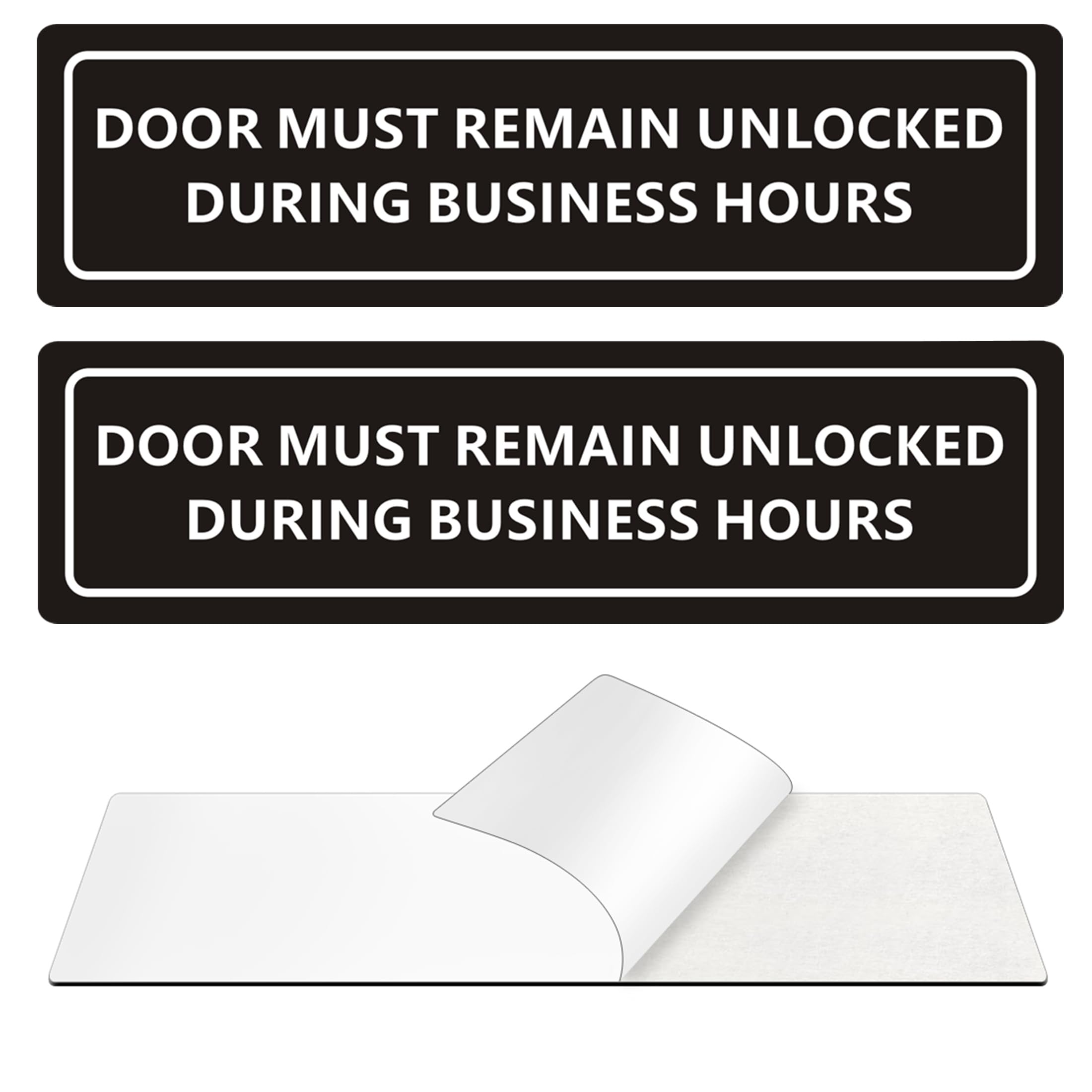 Photo 1 of (2 PACK) This Door To Remain Unlocked During Business Hours Sign, Self-adhesive Waterproof Aluminum Metal Signs for Indoor Outdoor Use (7x2 inch, Black)