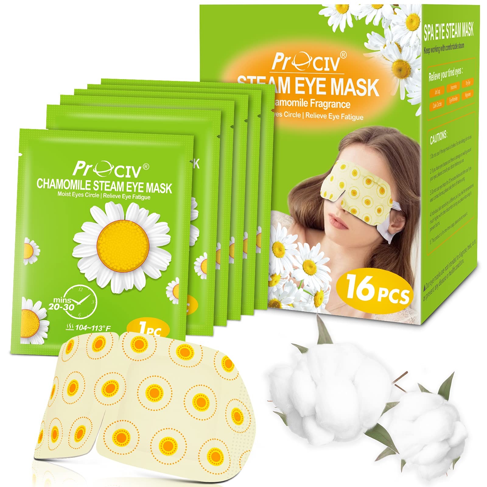 ProCIV 16 Packs Steam Eye Mask Warming Eye Mask Self Heating Eye Mask Sleep Mask Heated Eye Mask for Dry Eyes Fatigue Disposable Eye Mask Great Gifts for Men Women(Chamomile) โ image 1
