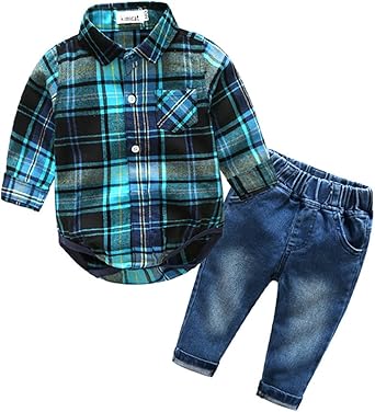 Amazon.com: Beide Baby Boys' Outfits Long Sleeve Plaid Bodysuit + Jean Pant.: Clothing