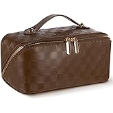 Abiudeng Travel Makeup Bag,Large Capacity Toiletry Bag Cosmetic Bags for Travel Essentials,Waterproof Portable Pouch Open Flat Makeup bag Organizer with Divider and Handle(Checkered-Brown)