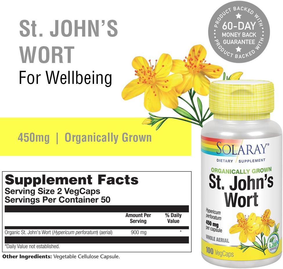 Solaray Organically Grown St. John's Wort Aerial 450mg | Herbal Support for Mood, Brain Health & Healthy Sleep | 100% Vegan, Non-GMO | 100ct: Health & Personal Care