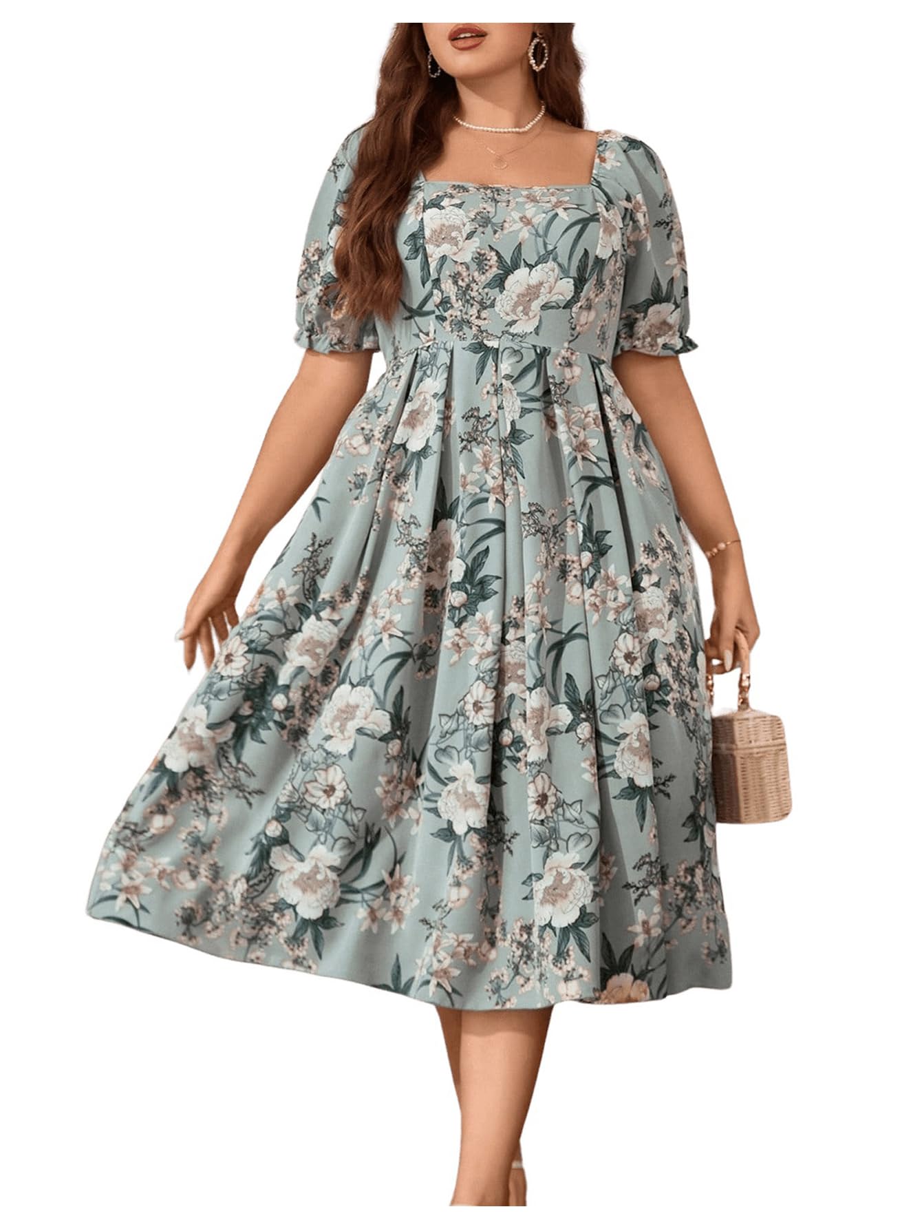 floerns women's plus size floral print tie front square neck slit hem midi dress light green 2xl