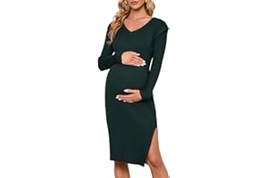 KOJOOIN Women's Maternity V Neck Sweater Dress Rib Knit Long Sleeve Bodycon Side Slit Midi Dress Fall Photoshoot Baby Shower