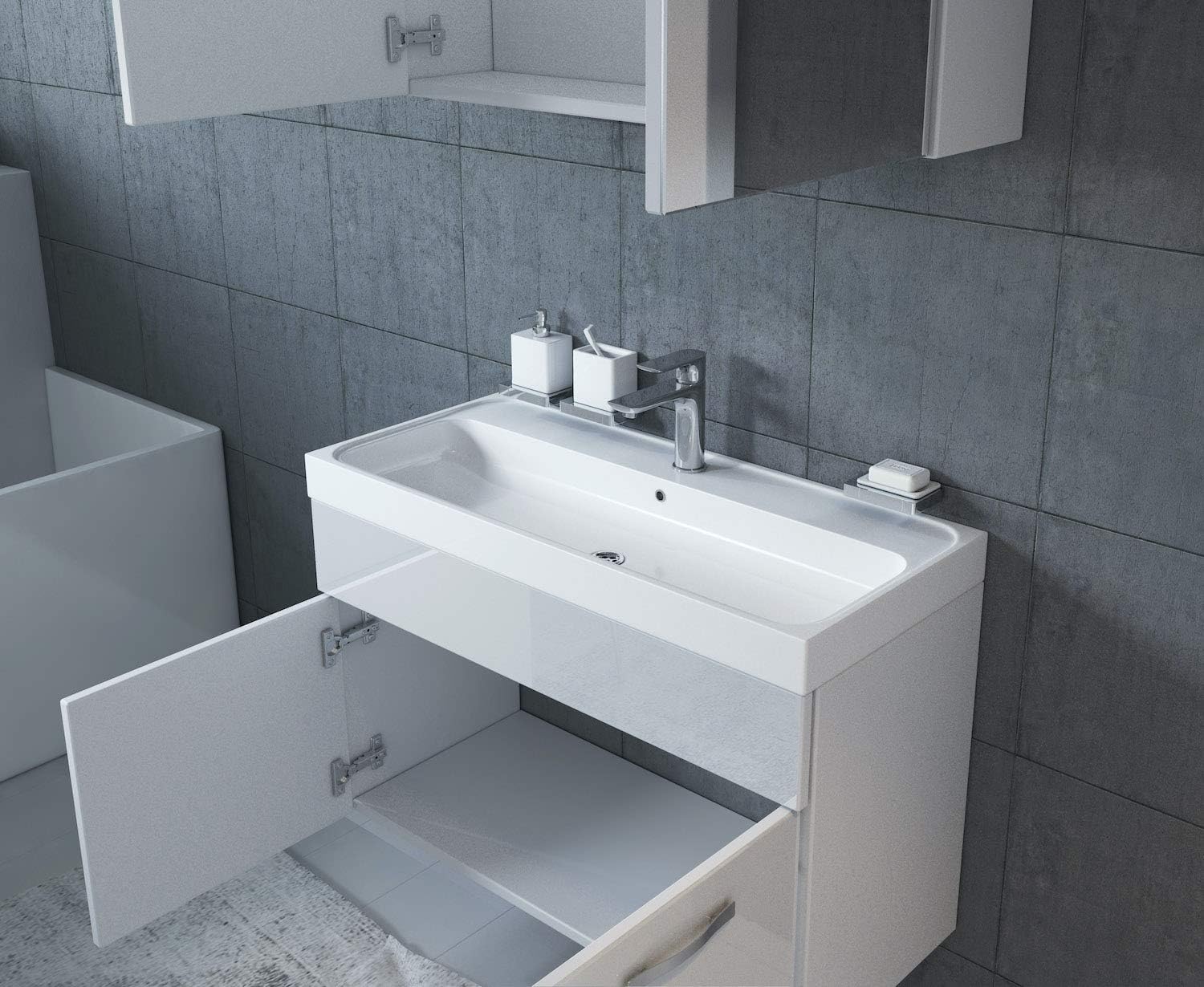 Badezimmer Badmobel Set Paso 02 80 Cm Waschbecken Weiss Hochglanz Spiegel Aufbewahrung Unterschrank Spule Mobel Amazon De Kuche Haushalt