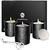 Luxury Black Scented Candles Gift Set for Men – 3×7oz Soy & Beeswax Crystal Candles with Wick Trimmer & Snuffer, Masculine Woodsy Aromatherapy Candles for Home, Birthday & Holiday Gifts for Him