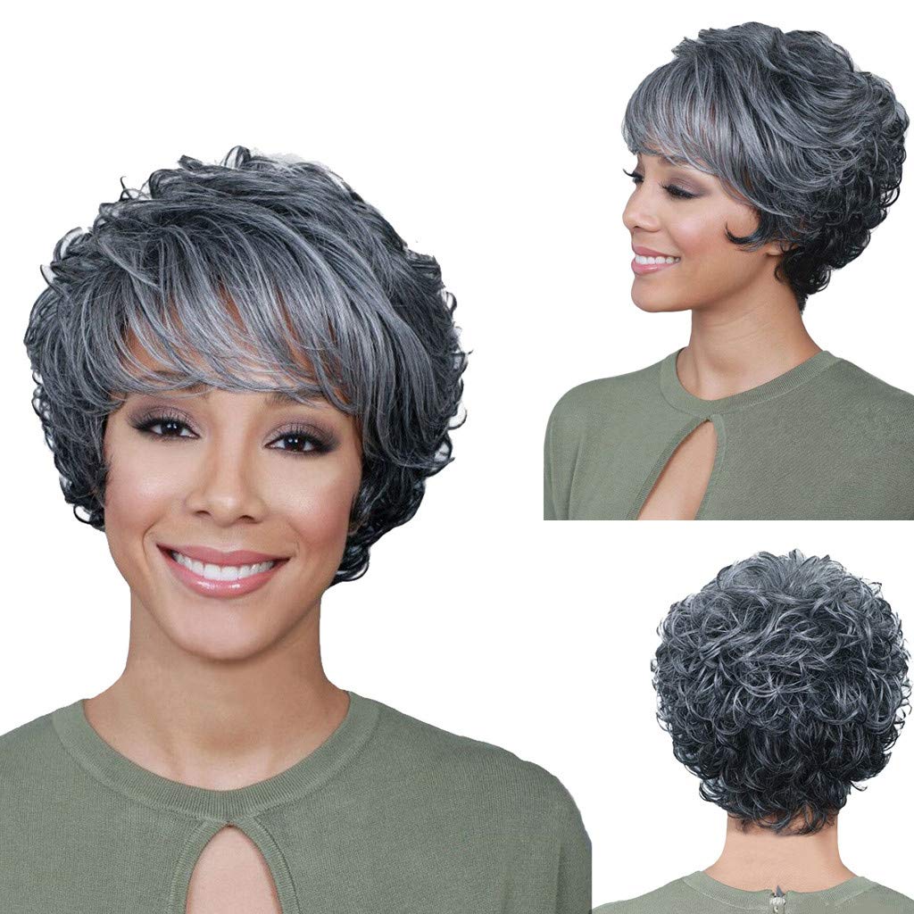 Amazon Com Short Silver Gray Synthetic Wigs Fluffy Little Curly