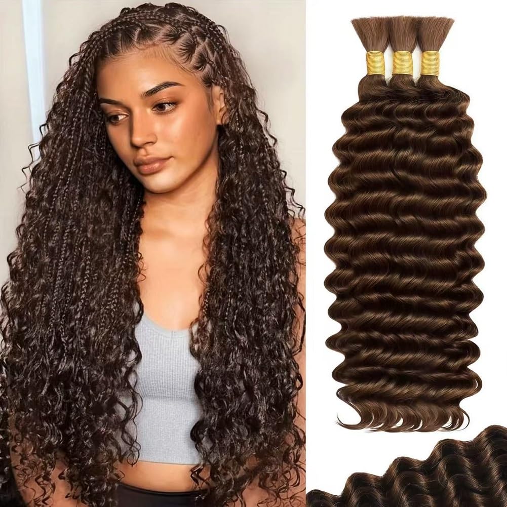 Photo 1 of 100 Percent Human Boho Braiding Hair 120g Color 4 Deep Wave Bulk Boho Hair for Braiding Curly Bundles Human Hair for Boho Braids Wet and Wavy Braiding Hair Extension No Weft 3 Bundles/Pack Brown
