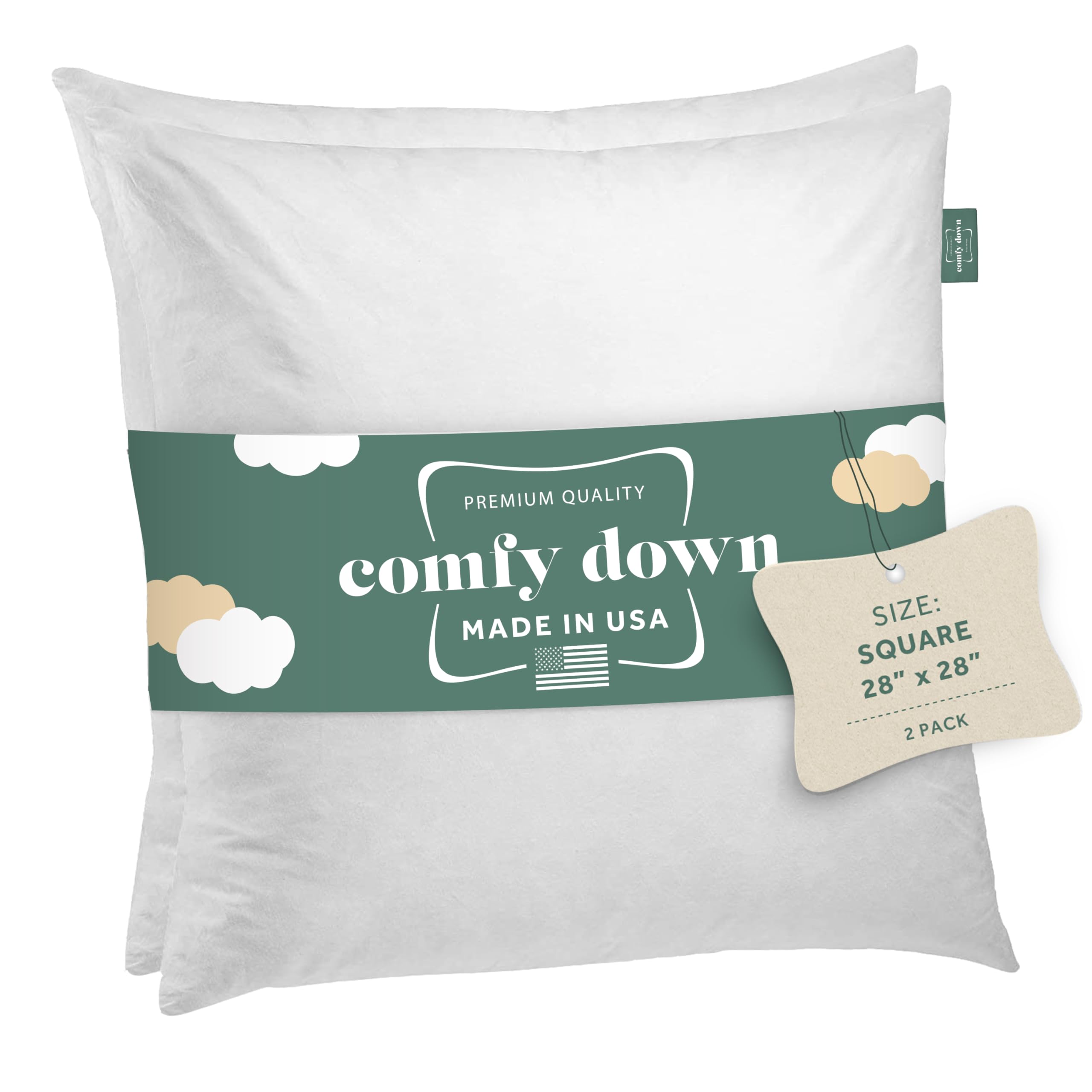 Photo 1 of 28x28 Decorative Throw Pillow Insert, Down and Feathers Fill, 100% Cotton Cover 233 Thread Count, Square Pillow Insert - Made in USA (Set of 2)