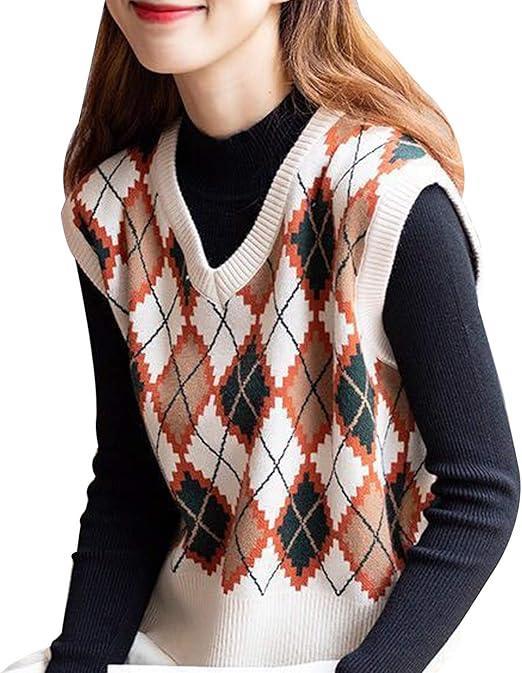 Women Sleeveless Argyle Plaid Knitted Sweater Vest Loose StreetwearV