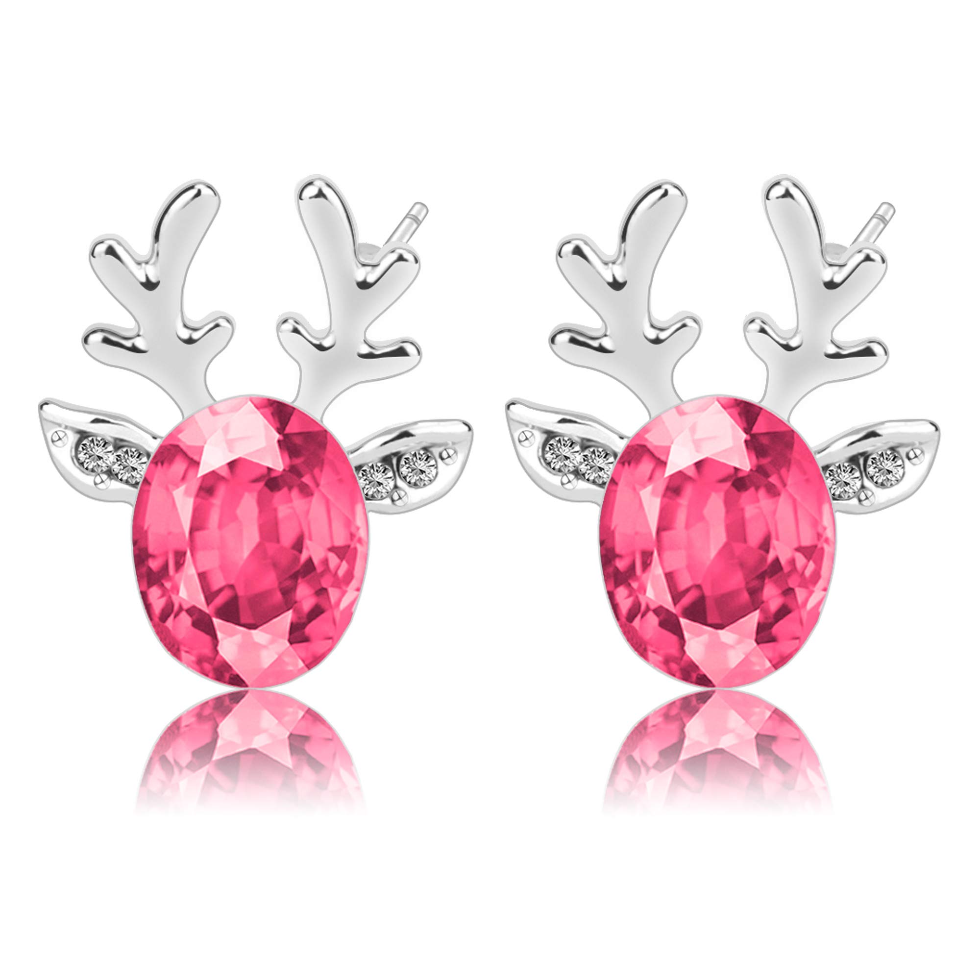 Gelvtic Silver Reindeer Crystal Christmas Stud Earrings for Women Girl, Gift for Christmas Birthday Valentine's Day with Jewellery Box (Red Crystal)