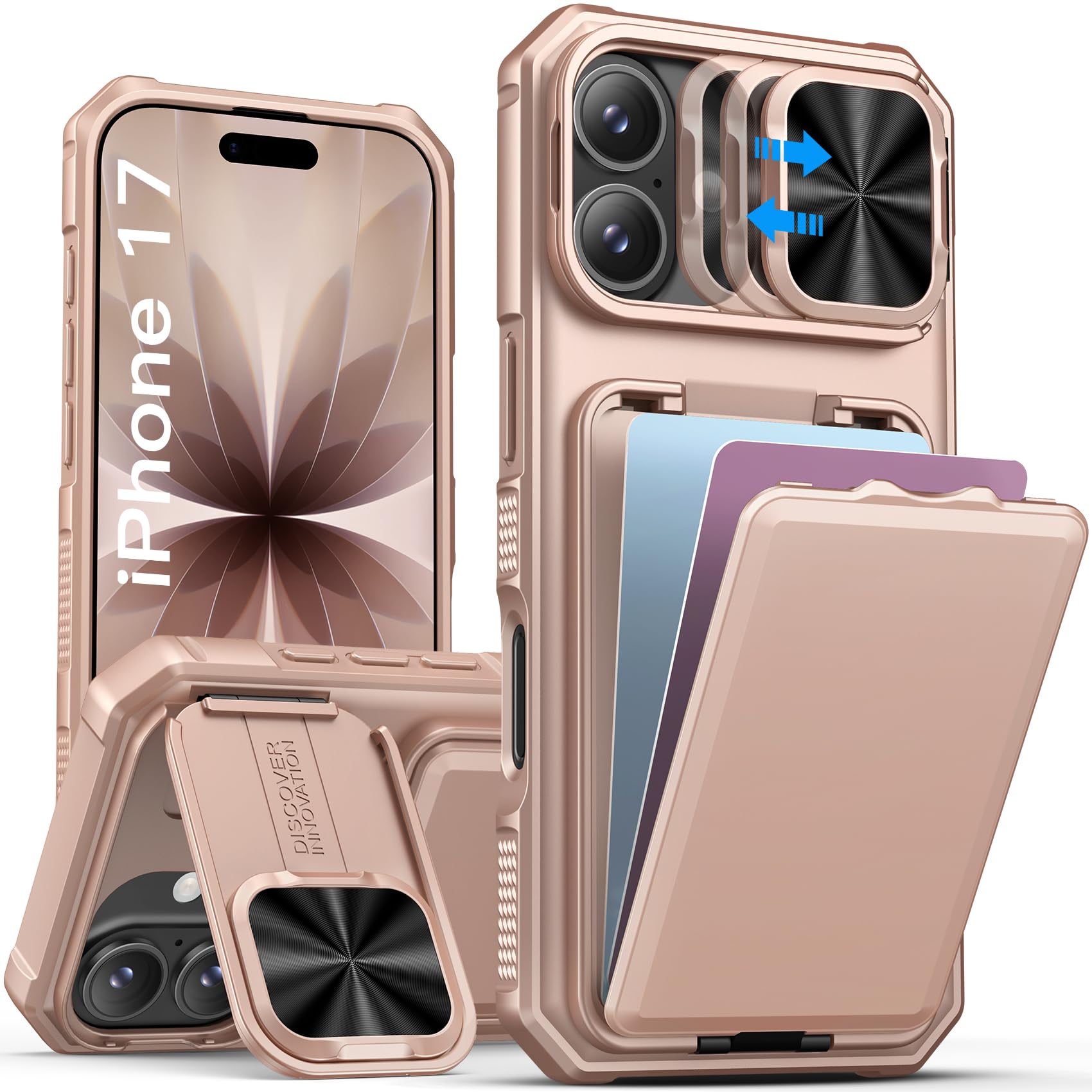 Photo 1 of SSLOTSCASE for iPhone 17 Case with Wallet & Sliding Lens Cover & Kickstand & Credit Card Holder & Camera Stand, Heavy Duty Shockproof Military-Grade Protection Case Cover for iPhone 17 2025, Rose Gold