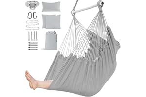 PNAEUT Hanging Hammock Chair, Bedroom Swing Chair, Max 550 Lbs, Indoor Outdoor 2 Cushions Included, XXL Size with Pocket, Cotton for Superior Comfort, Steel Spreader, Hardware Kit, Bag (Light Grey)