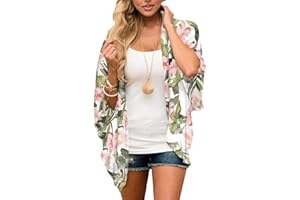 Chunoy Women Floral Print Lightweight Chiffon Kimono Cardigan Short Sleeve Loose Beach Wear Cover Up Blouse Top